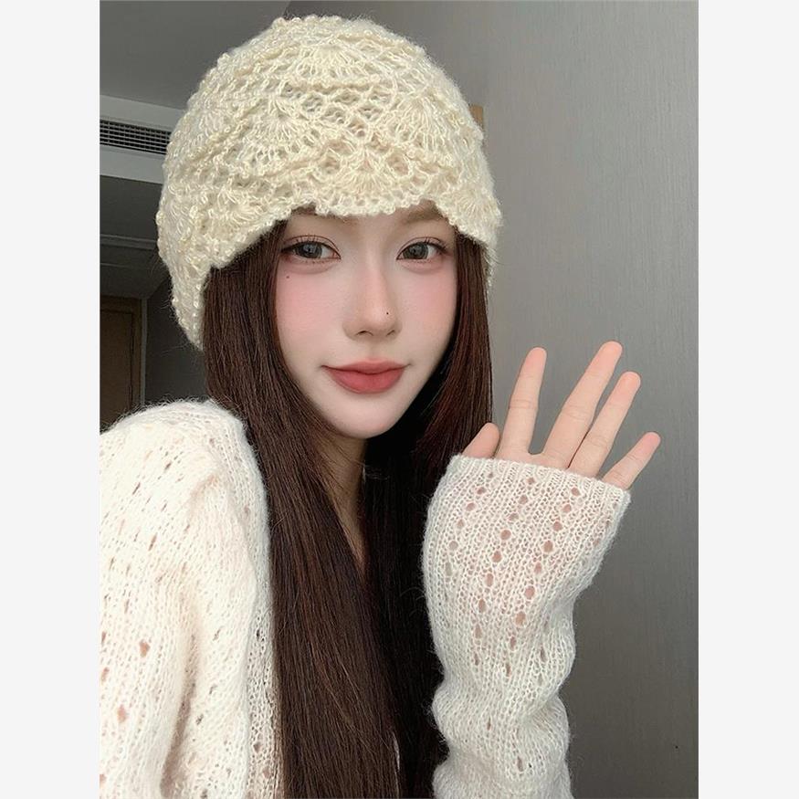 韩系手工钩花镂空马海毛针织毛线帽子女秋冬季保暖百搭包头帽冷帽
