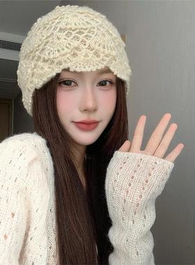 韩系手工钩花镂空马海毛针织毛线帽子女秋冬季保暖百搭包头帽冷帽