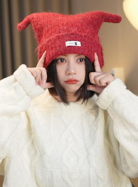 韩版亚比风时尚可爱羊角针织毛线帽女秋冬保暖护耳冷帽情侣显脸小