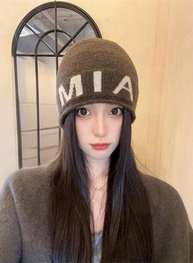 个性字母毛线帽子女秋冬季保暖护耳包头帽ins小众百搭时尚冷帽男