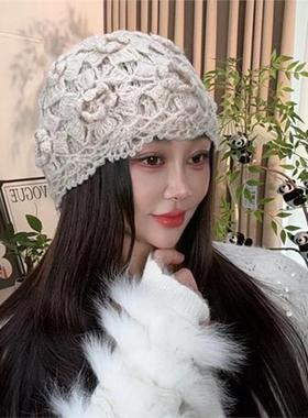 秋冬新款手工钩织法式花朵针织帽韩版包头帽毛线帽保暖帽子显脸小