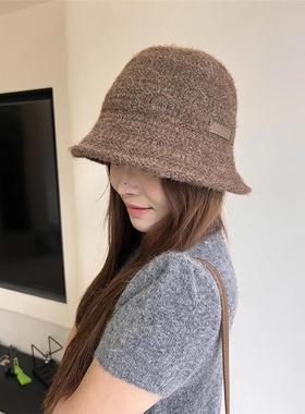 秋冬新款蝴蝶结针织渔夫帽子女时尚百搭显脸小开叉护耳帽盆帽冷帽