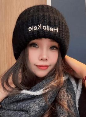冬季保暖百搭时尚毛线帽女出游护耳加厚潮流简约字母韩版针织帽子