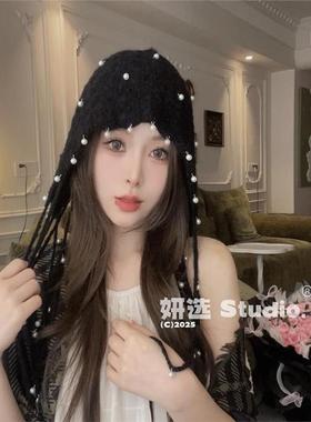 2025新款手工编织流苏珍珠包毛线帽百搭显脸小针织包头帽子秋冬潮