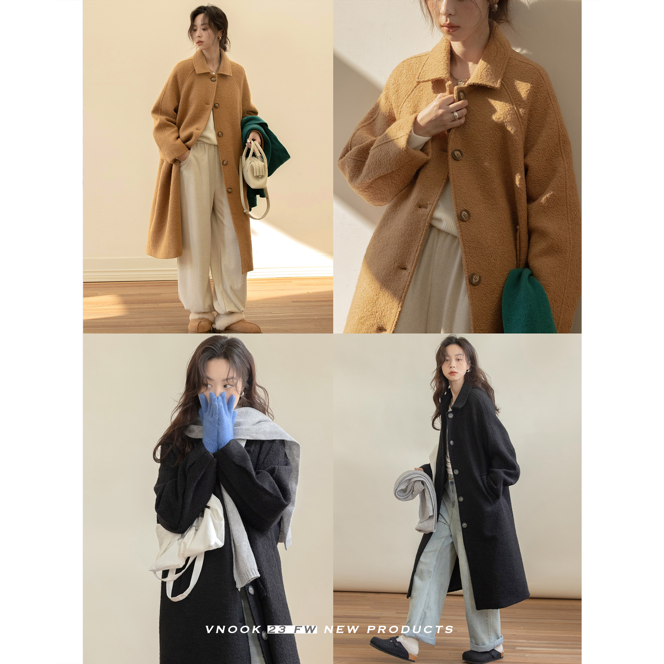 VNOOK   羊毛呢外套女纯色秋冬新款翻领宽松休闲垂感廓形长款大衣