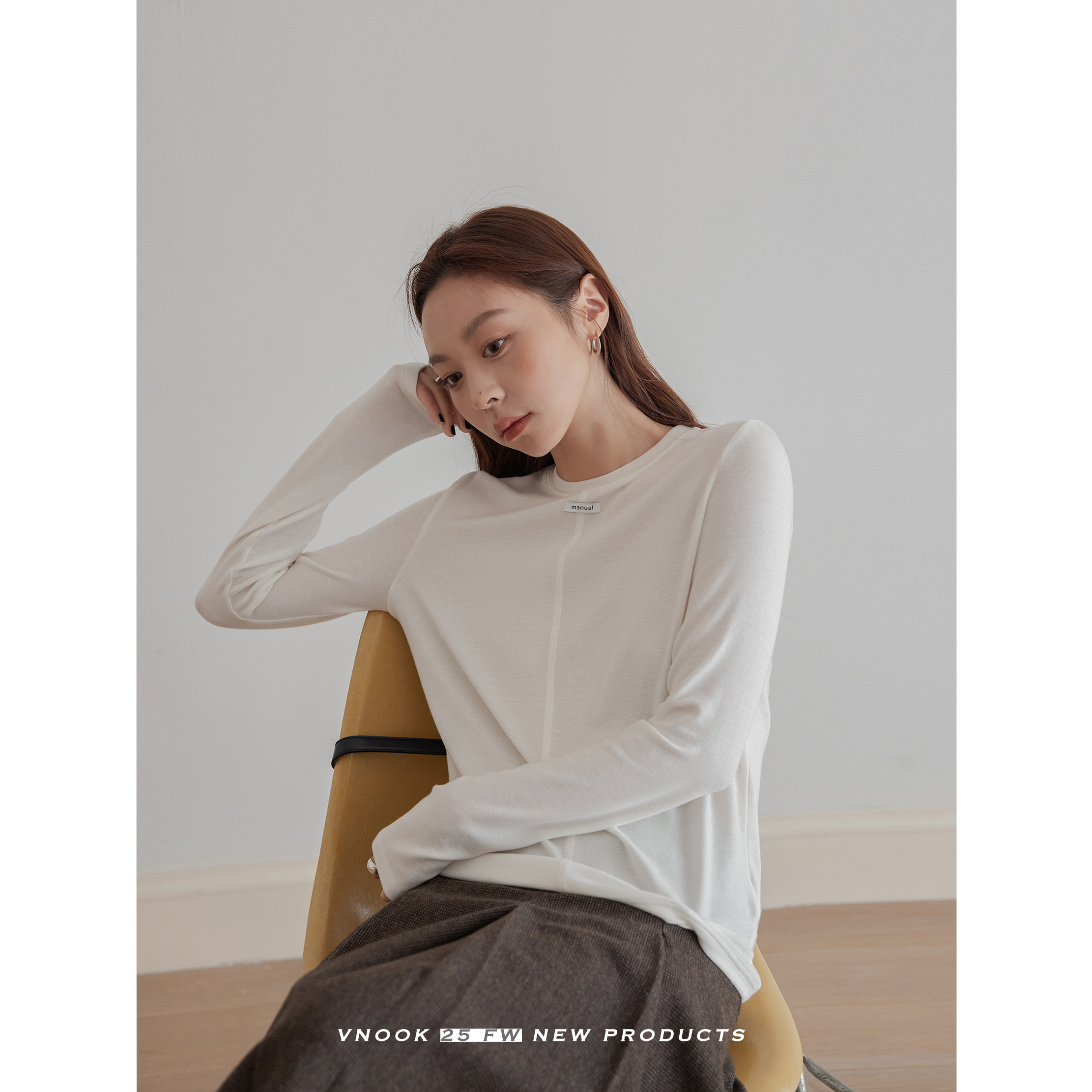 VNOOK天丝羊毛打底衫女秋冬新款亲肤修身显廋弹力正肩圆领长袖t恤