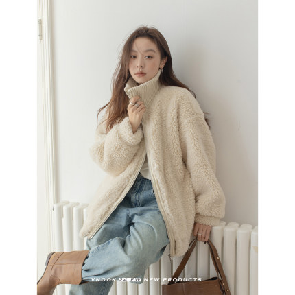 VNOOK 假两件针织仿羊羔毛外套女短款慵懒风保暖立领宽松上衣外套