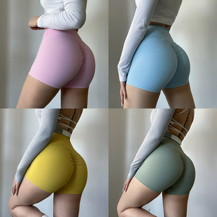 透气 粉色高弹紧身运动三分裤 蜜桃臀瑜伽短裤 训练跑步显臀健身裤