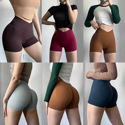无缝针织交叉腰提臀健身短裤