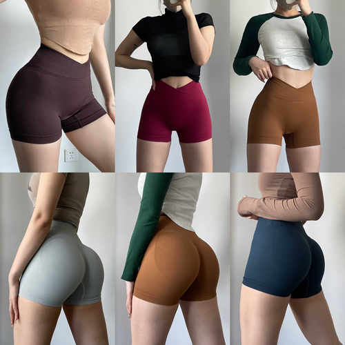 无缝针织交叉腰提臀健身短裤