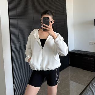 欧美连帽短款 外套秋冬宽松跑步运动上衣女抽绳显瘦休闲拉链卫衣