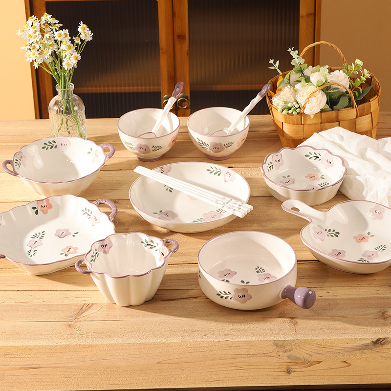 日式碗碟套装家用陶瓷碗盘餐具组合网红碗筷手柄碗烤盘饭碗一人食
