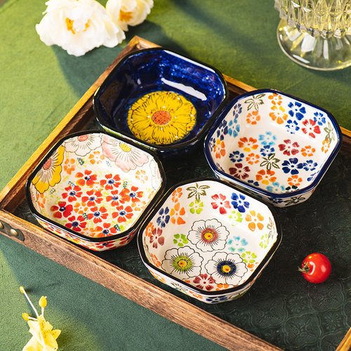 手彩釉下彩波兰方形火锅碟子坚果碟小吃碟陶瓷盘子小碟子创意餐具