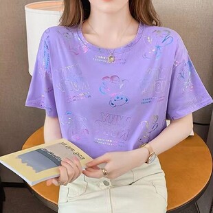 2025新款韩版短袖t恤女装夏季宽松装上衣服潮混纺棉体恤女款女士