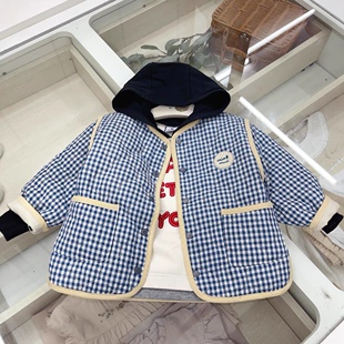 韩国童装 23春秋新款男女宝宝格纹连帽圆领夹棉外套格子薄款外套