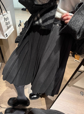 ummadome百褶毛呢半身裙中长款新款高腰大裙摆百搭松紧腰A字裙子