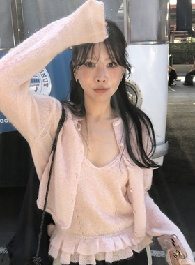 ummadome早春伊顿美神马海毛花边背心粉色开衫短毛衣两件套含羊毛