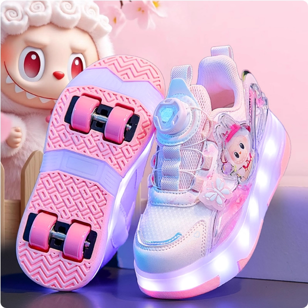 新款卡通儿童暴走鞋带灯男女爆走鞋单轮双轮闪光运动鞋带轮子鞋
