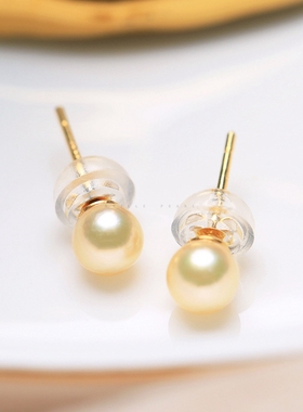 天然色日本海水akoya羽皇金珍珠极光迷你baby小耳钉正圆纯银或18k