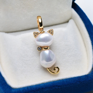 花开童年天然淡水巴洛克珍珠小猫咪吊坠碎银子项坠项链可爱S925银