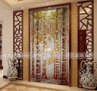 财富森林 过道背景玻璃 贴金箔玻璃玄关 上海艺术玻璃背景墙