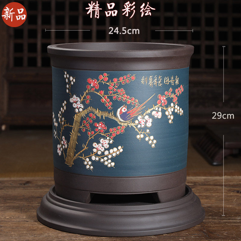 精品紫砂花盆大号兰花盆宜兴紫砂盆圆形花盆带底座高档花盆中国风