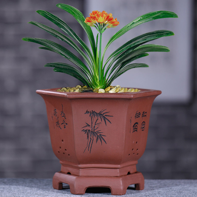 紫砂花盆君子兰花盆六方形兰花盆带底座 复古中国风特价清仓