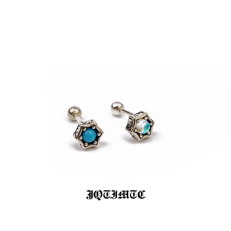 JQTIMTC《星环秘石》S925纯银耳钉男女月光石松石复古做旧螺丝拧