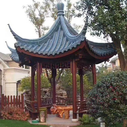 仿古户外六角凉亭庭院别墅实木亭子双层碳化防腐木制花园古建