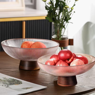 新款中古风实木底座高脚玻璃水果盘中式家用客厅茶几果盆高档摆件