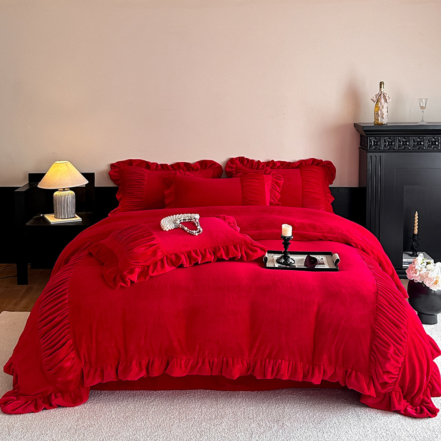 现代红色牛奶绒婚庆四件套结婚陪嫁加绒被套床单年轻人新婚房床品
