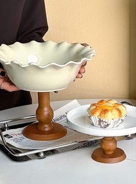 法式奶油复古花瓣边高脚水果盘果盘中古风水果盆家居摆件高脚果盘