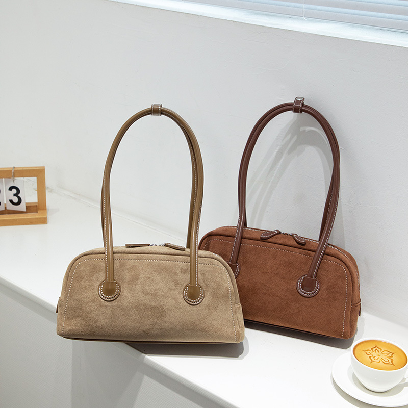 秋季麂皮绒法棍包简约保龄球腋下包女时尚百搭单肩包波士顿手提包