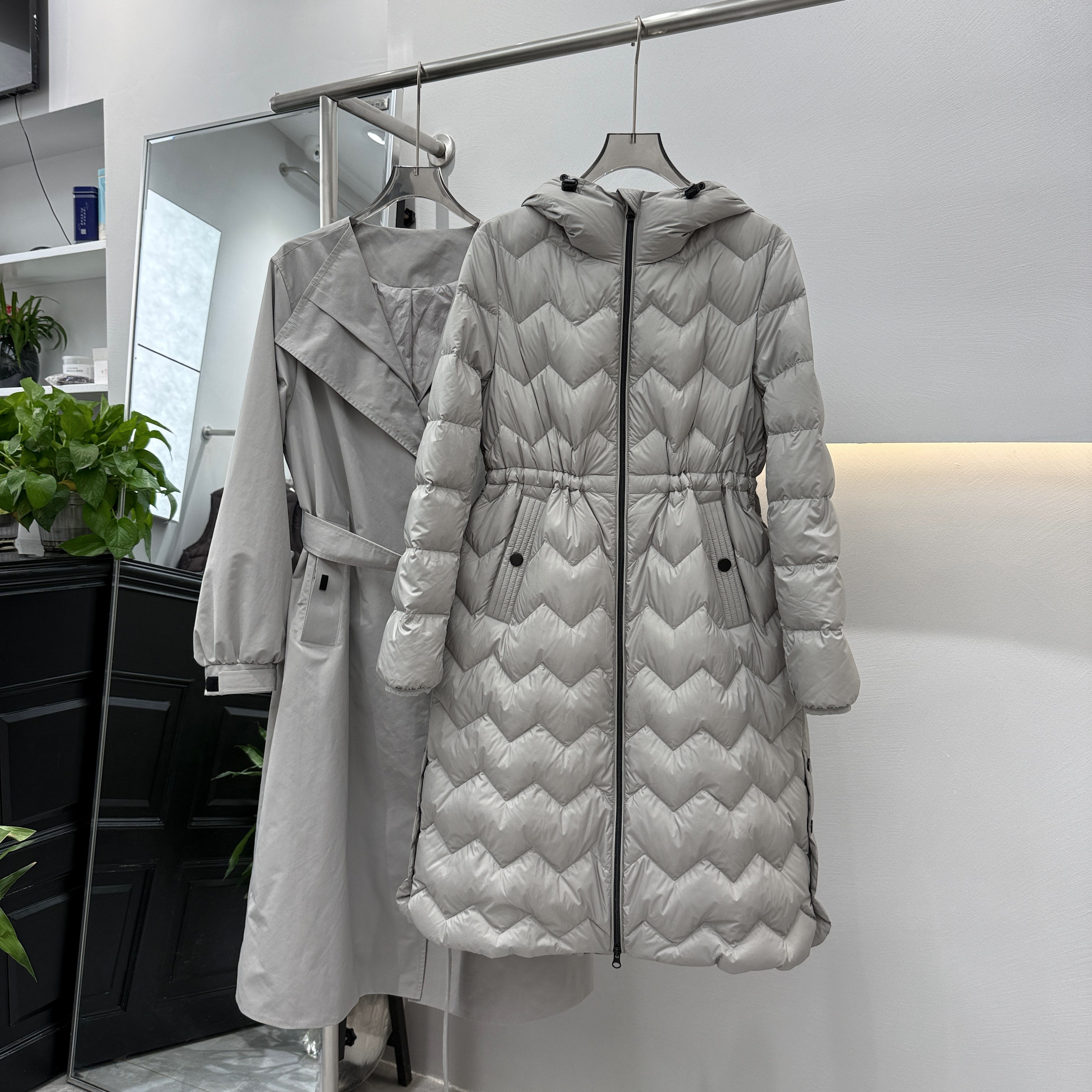 95白鹅绒服女冬季连帽收腰羽绒服女长款大衣风衣外套两件套女两穿