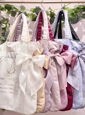 玫瑰日代现货Maison de fleur新款花柄内衬固定蝴蝶结缎面单肩包