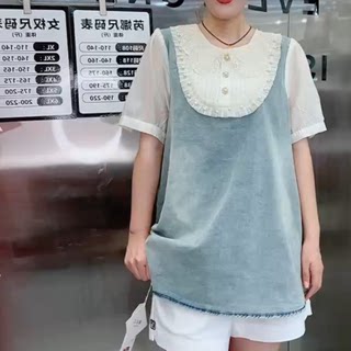 7992夏季新款韩版宽松显瘦胖MM大码女装一手长短袖牛仔拼接小衫潮