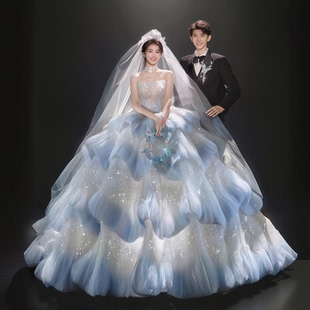 影楼主题婚纱2025新款法式复古蓝色抹胸叠层拖尾摄影冰雪公主礼服