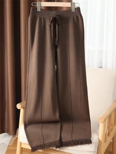 精仿羊毛呢阔腿裤女秋冬加厚新款松紧腰垂感羊绒休闲直筒毛边裤子