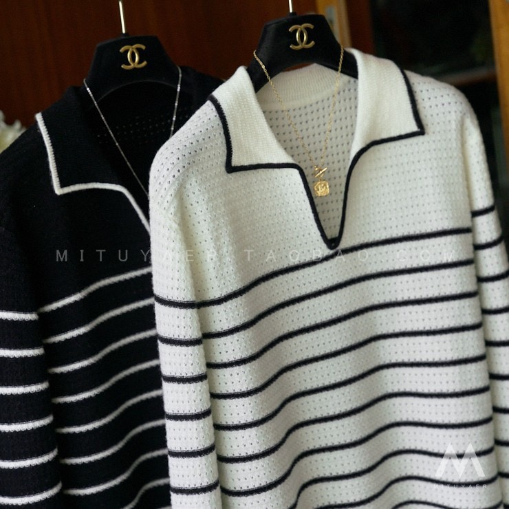 25秋冬新款100%纯羊毛衫女V领条纹针织衫宽松显瘦百搭毛衣打底衫