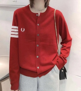 欧洲站TB麦穗刺绣羊毛针织开衫毛衣女圆领宽松四道杠上衣羊绒外套