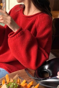 毛衣加厚上衣 女圆领宽松慵懒风针织打底衫 25秋冬新款 100%纯羊毛衫