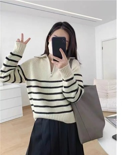 慵懒风百搭羊绒衫 小清新秋冬羊绒女宽松短款 半开拉链条纹套头毛衣