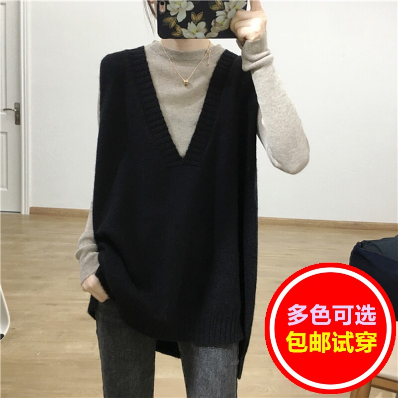 显瘦遮肉宽松羊毛外搭马甲女中长款V领针织背心大码毛衣坎肩外套