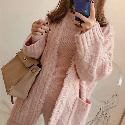 秋冬宽松V领羊绒开衫女慵懒中长款加厚毛衣大码羊毛针织无扣外套