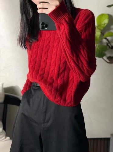 秋冬100%纯羊毛衫女圆领加厚宽松慵懒风针织麻花打底衫毛衣上衣