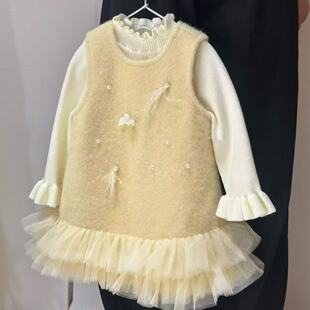 女童奶黄包黄色加绒背心网纱裙显白洋气周岁礼服套装裙子2025新潮