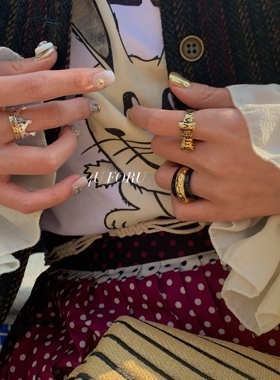 欧美小众设计感字母花边珐琅滴釉黑金经典撞色高级感指环戒指女