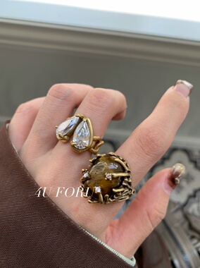 4U FORU小众设计高级感虎眼石爱心锆石戒指女款轻奢复古戒指指环