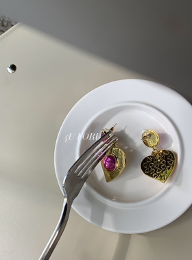 时尚爱心耳环耳坠法式做旧不规则高级感K金宝石吊坠耳饰