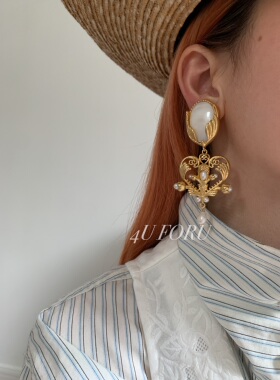 法式中古耳环耳坠Vintage复古凤尾天然珍珠贝母高级感宫廷耳夹款